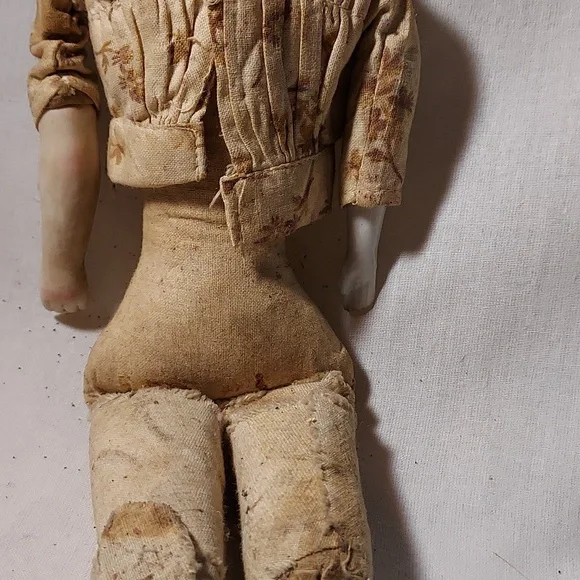 Antique China Head Doll with Blonde Hair & Blue Ribbon in Hair Partial Body